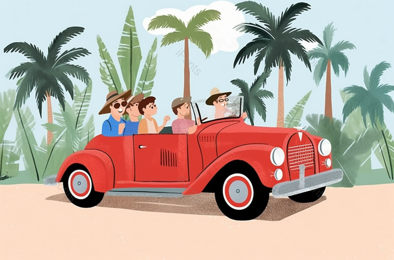 家人红色平面自然风光椰子家庭旅游插画,插画/手绘图,插画/手绘图库,插画/手绘图下载,插画/手绘